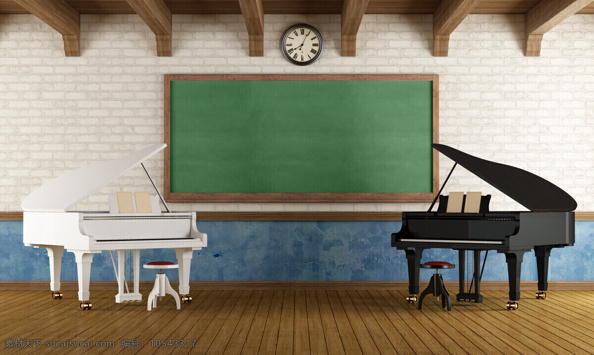 教室 里 两 台 钢琴 两台 黑板 地板 挂表 室内设计 环境家居