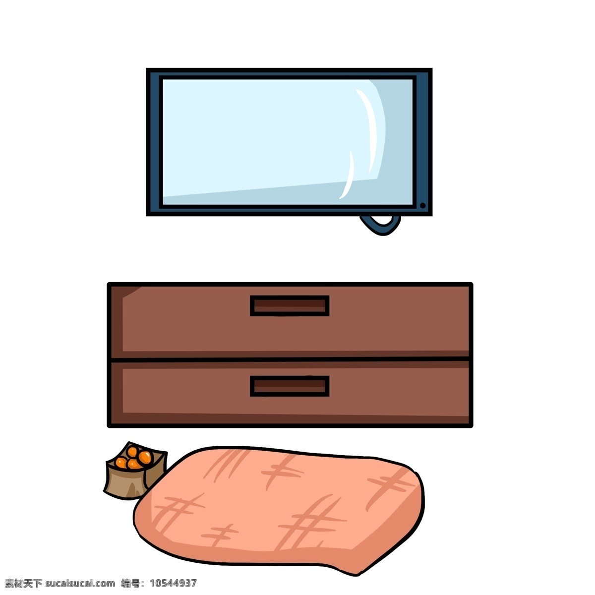 黑色 电视 电视柜 手绘电池 电子产品电视 红色的垫子 电视插画 黑色的电视 咖色的柜子 漂亮的电视