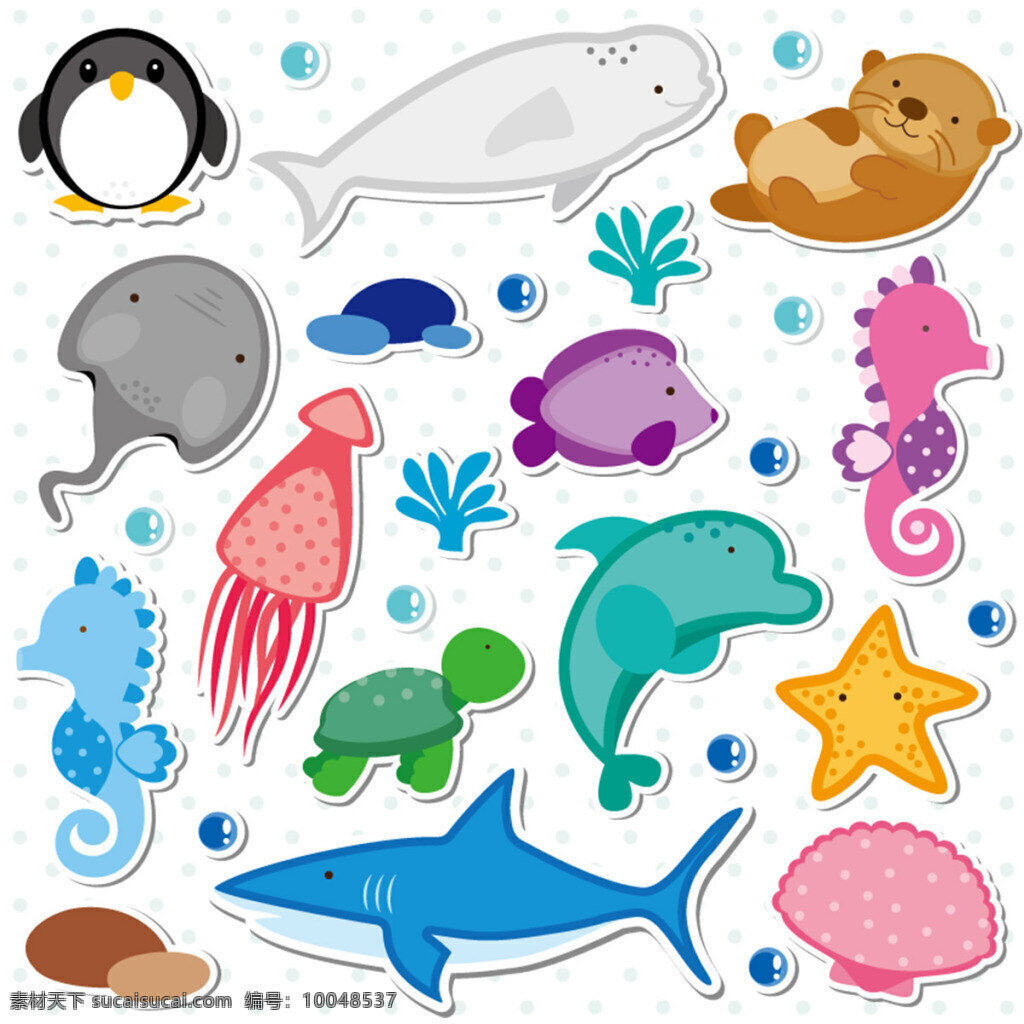 卡通 海洋生物 图案 动物 鱼类 乌贼 企鹅 水獭