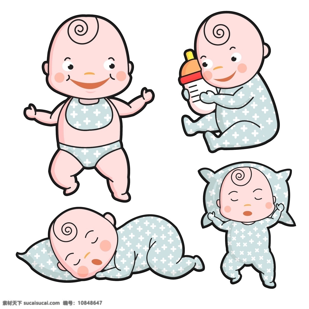 4款卡通婴儿 矢量素材 卡通 婴儿 奶瓶 睡眠 枕头 矢量图 ai格式 人物