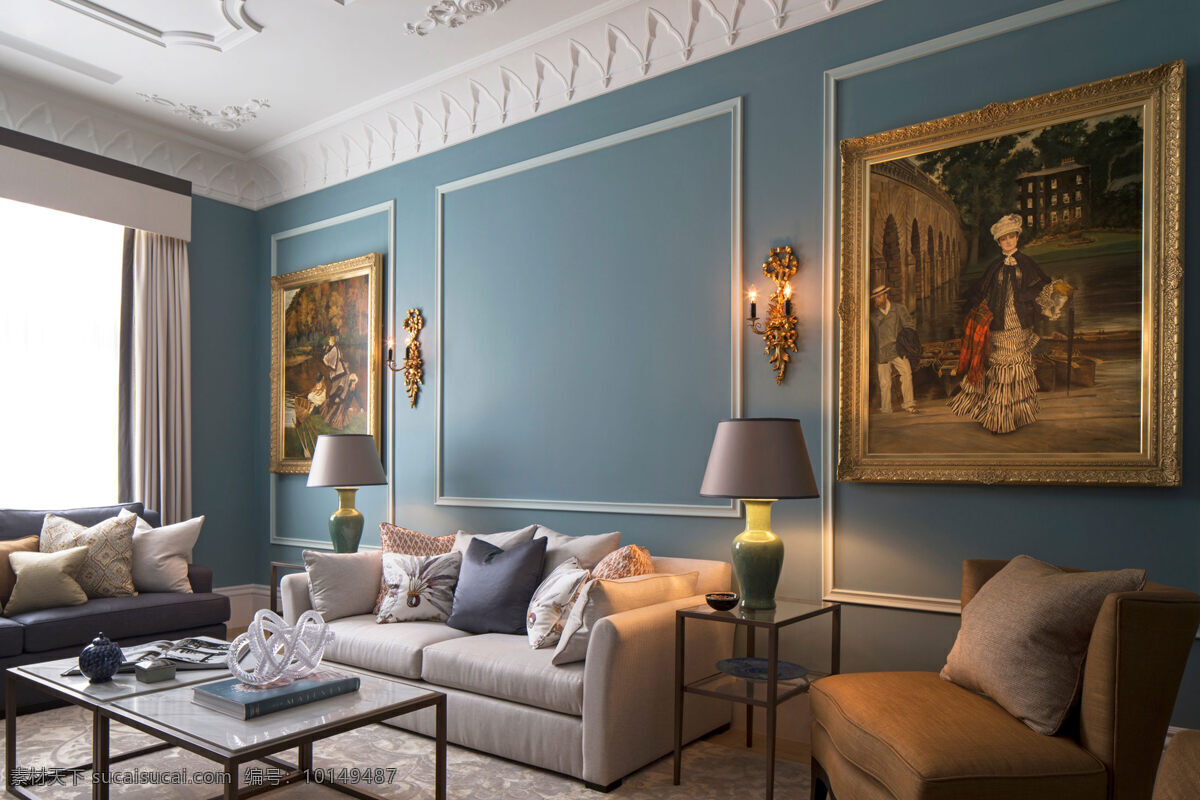 现代 风 客厅 蓝色 背景 墙 效果图 茶几 窗帘 单人沙发 装修 飘窗 沙发 台灯 现代风 装饰画