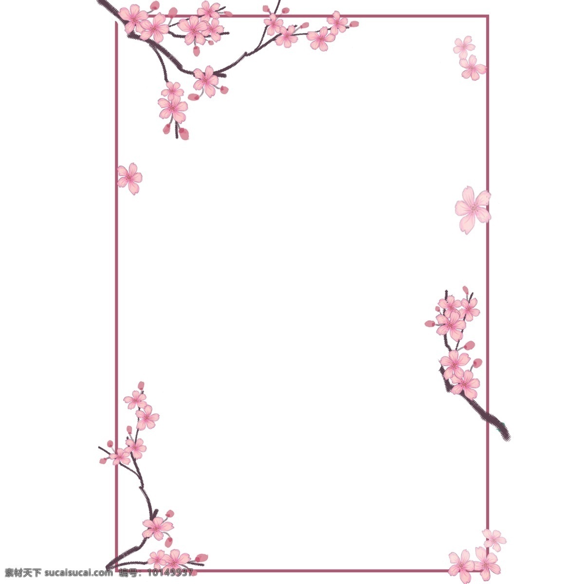 红色 方形 樱花 边框 好看的 漂亮 樱花树 红色樱花树枝 风 飘落 免抠