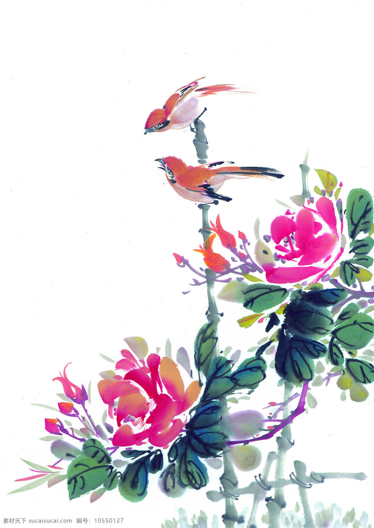 动物免费下载 动物 花丛 喜鹊 小鸟 油墨画 中华艺术绘画 文化艺术