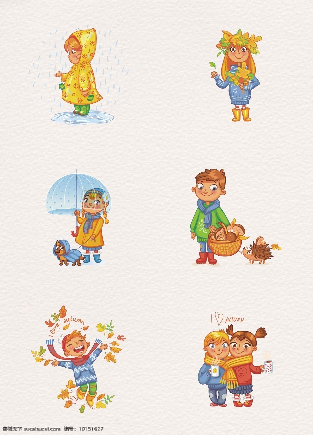 秋季 彩绘 可爱 儿童 矢量 小孩 人物 矢量图 韩国风 卡通 男孩 女孩 雨衣 雨伞