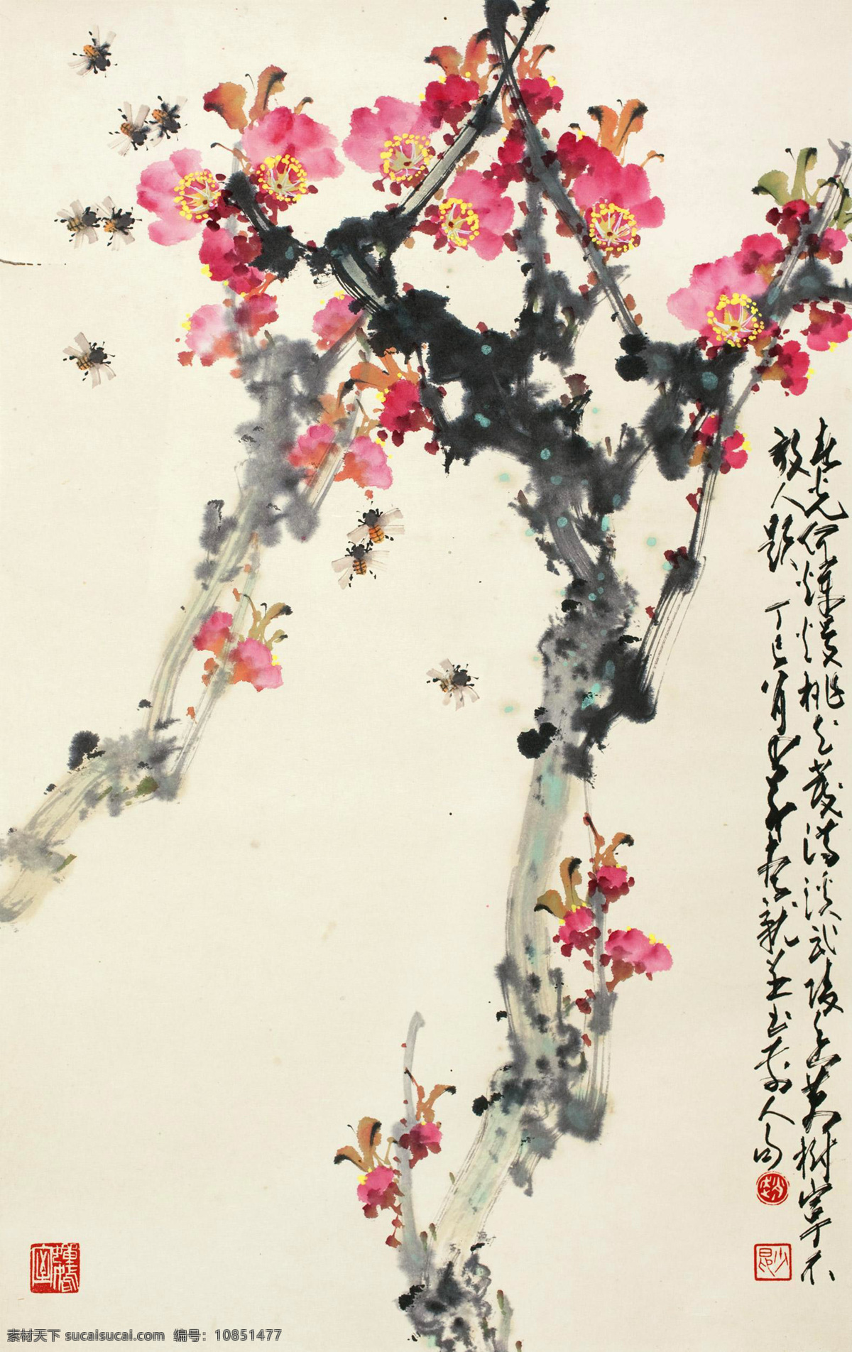 桃花蜜蜂 赵少昂 国画 桃花 蜜蜂 写意 水墨画 中国画 绘画书法 文化艺术 国画赵少昂