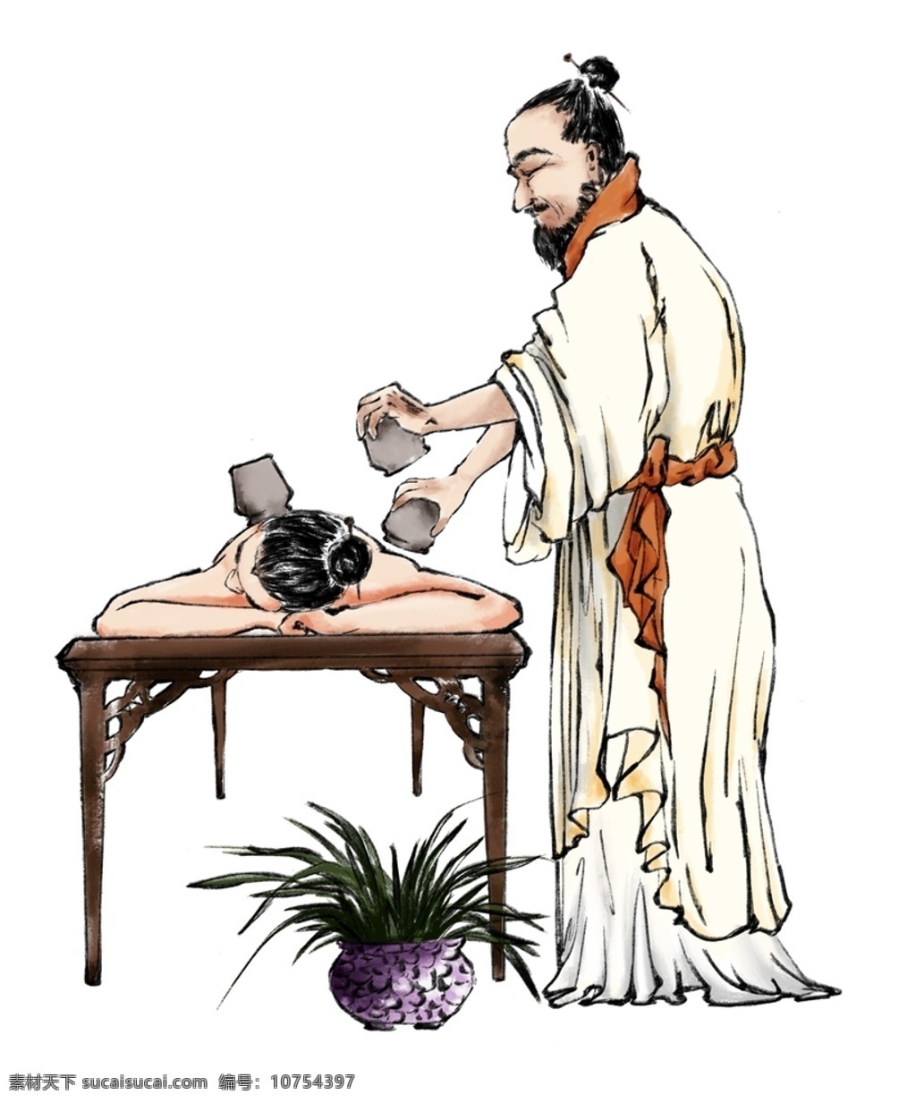古代 中医 人物 针灸 拔罐 手绘 插画 分层