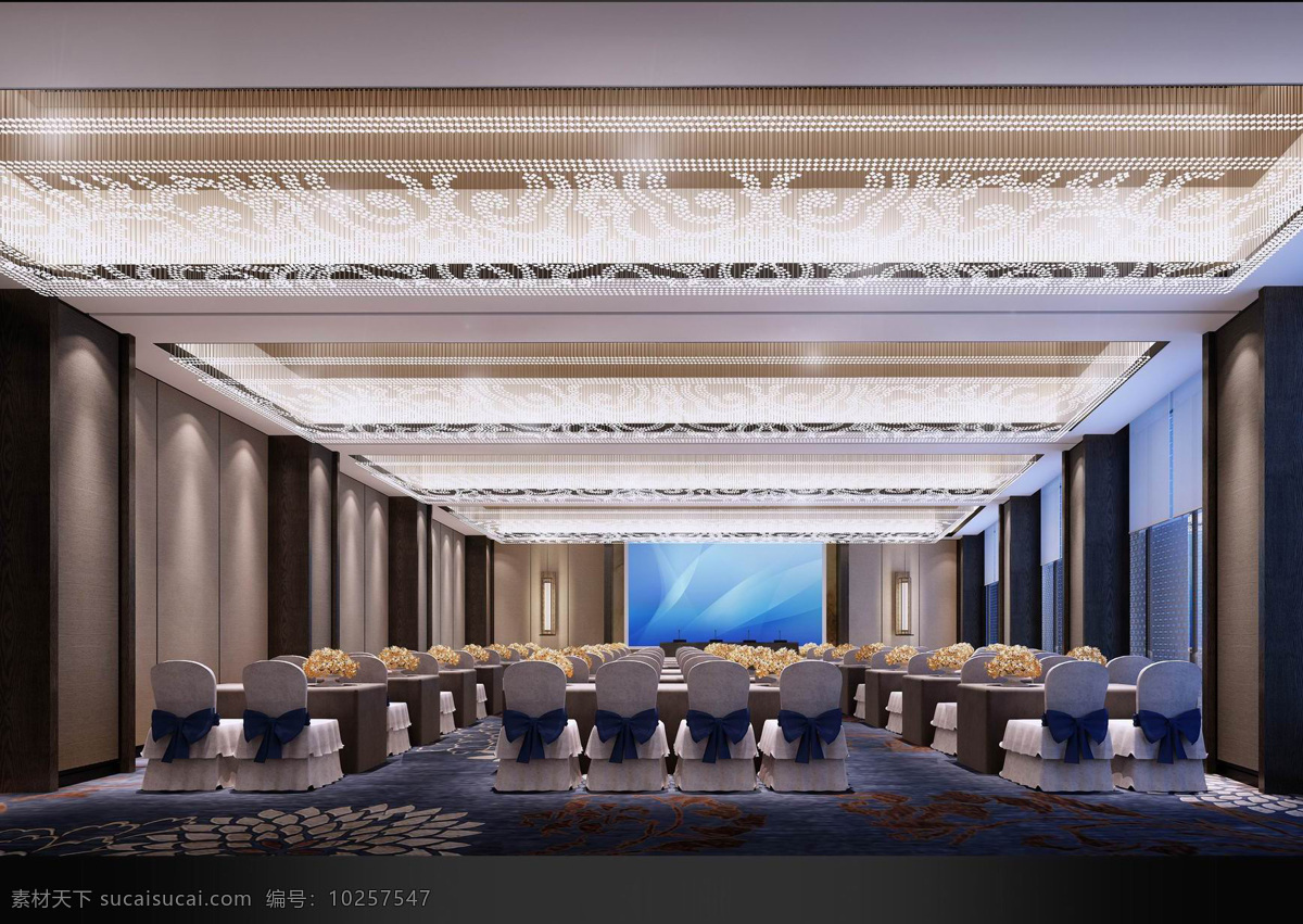 蓝色 系 现代 酒店 餐 区 工装 装修 效果图 蓝色地板 室内装修 酒店装修 白色椅子 白色天花板