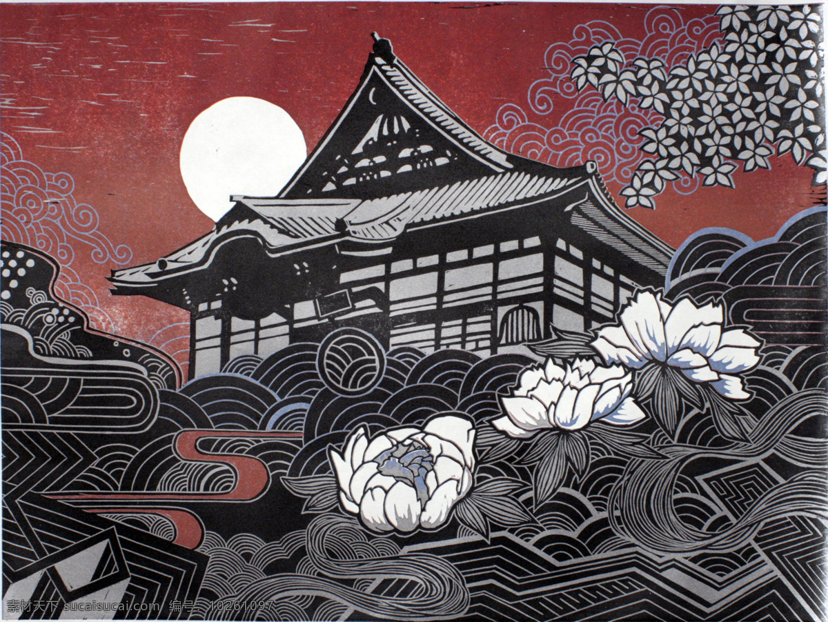 日本绘画 日本艺术 荷花 樱花 月光 版画 绘画 绘画书法 文化艺术