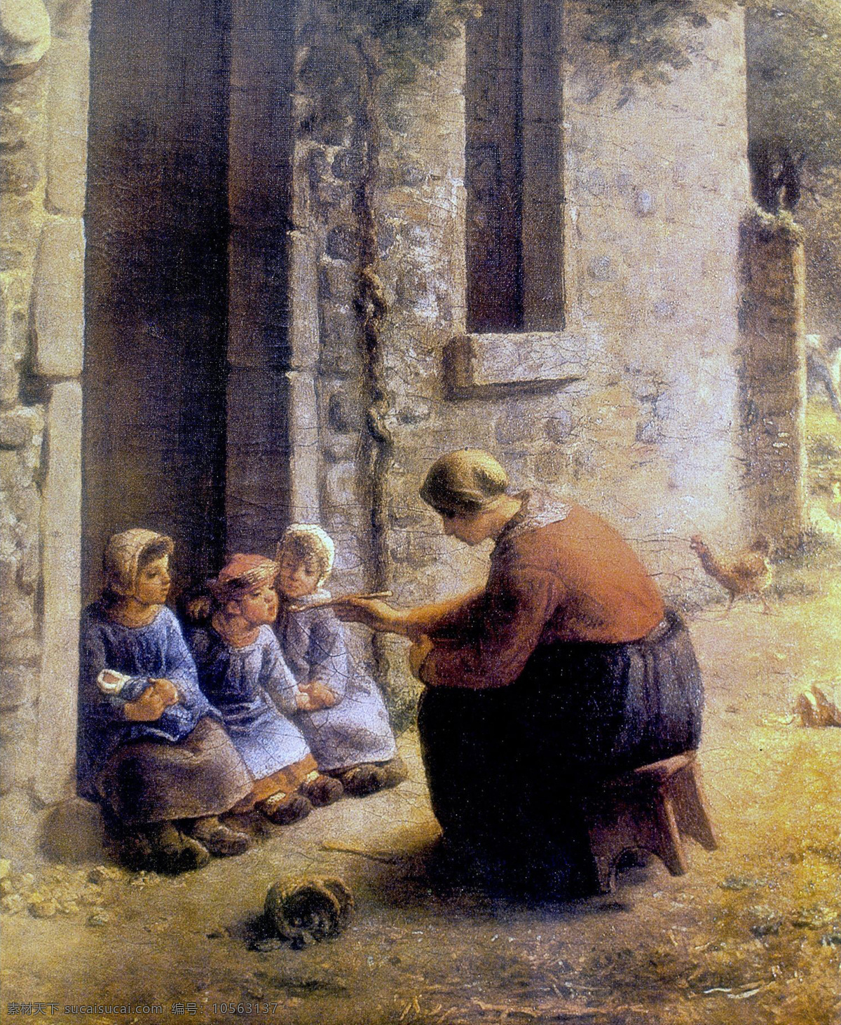 乡村风情 米勒喂食 女人 小孩 乡村 油画 绘画书法 文化艺术