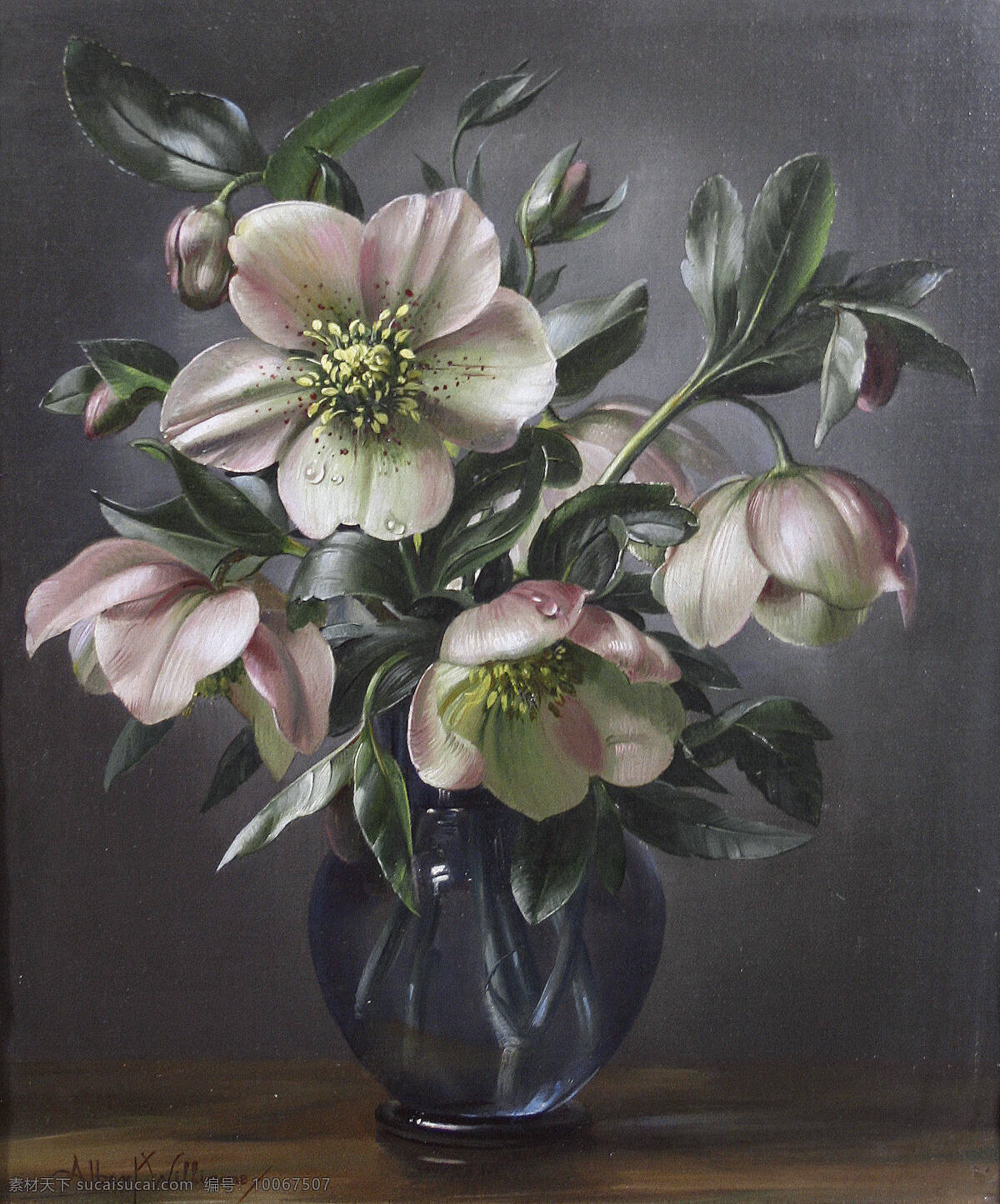 威廉姆作品 阿尔伯特 静物花卉 玻璃花瓶 暗色调 木制桌子 20世纪油画 油画 文化艺术 绘画书法