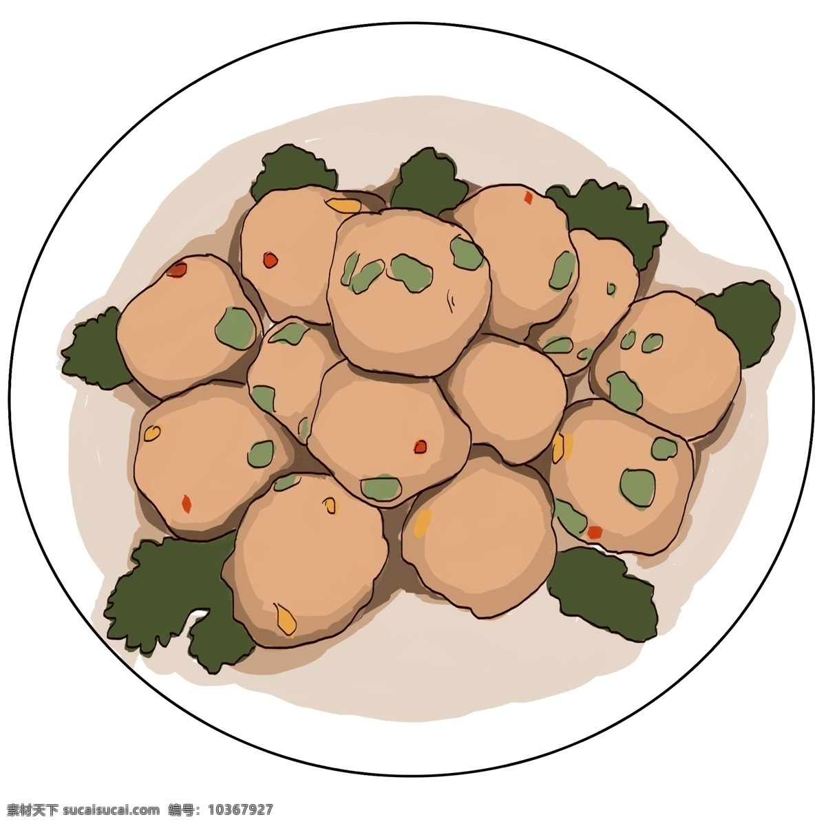 插画 类 火锅 配菜 图 植物 食物 绿色 肉色 白色盘子 肉丸子 带鱼丸子 火锅配菜 荤类 用于 餐厅 菜单 菜品 宣传