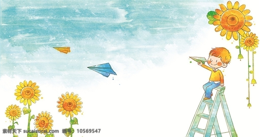 可爱卡通背景 可爱 卡通 背景 向日葵 小男孩 小飞机