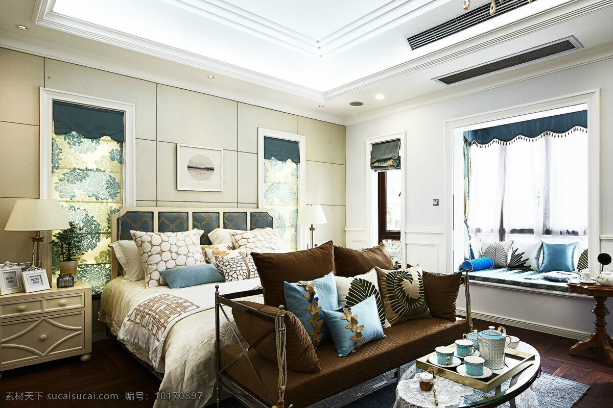 现代 时尚 卧室 蓝绿色 餐具 室内装修 效果图 卧室装修 木地板 深色抱枕 浅色柜子