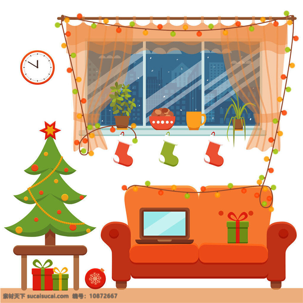 卡通 圣诞节 背景 沙发 电脑 圣诞树 彩灯 礼物 圣诞素材 矢量