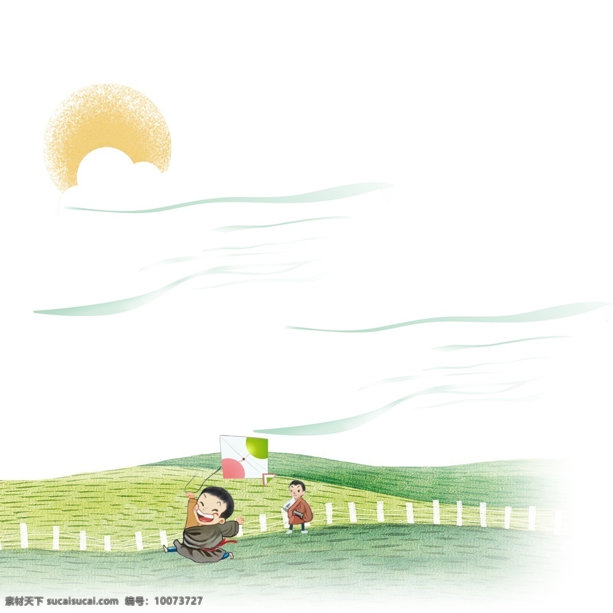 千 图 手绘 放风筝 场景 插画 草地 儿童 藏族 太阳 放风筝场景