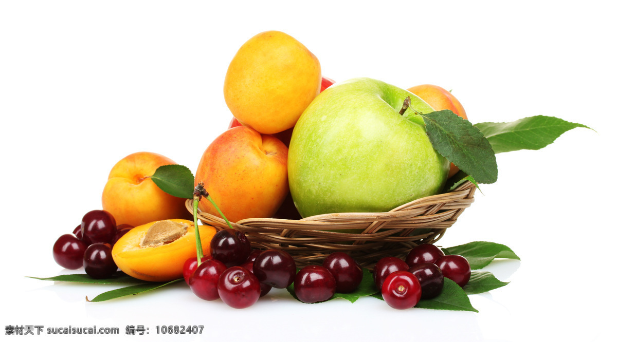夏天 水果 苹果 樱桃 桃子 李子 绿叶 竹盘 餐饮美食 水果高清图片 生物世界 水果图片