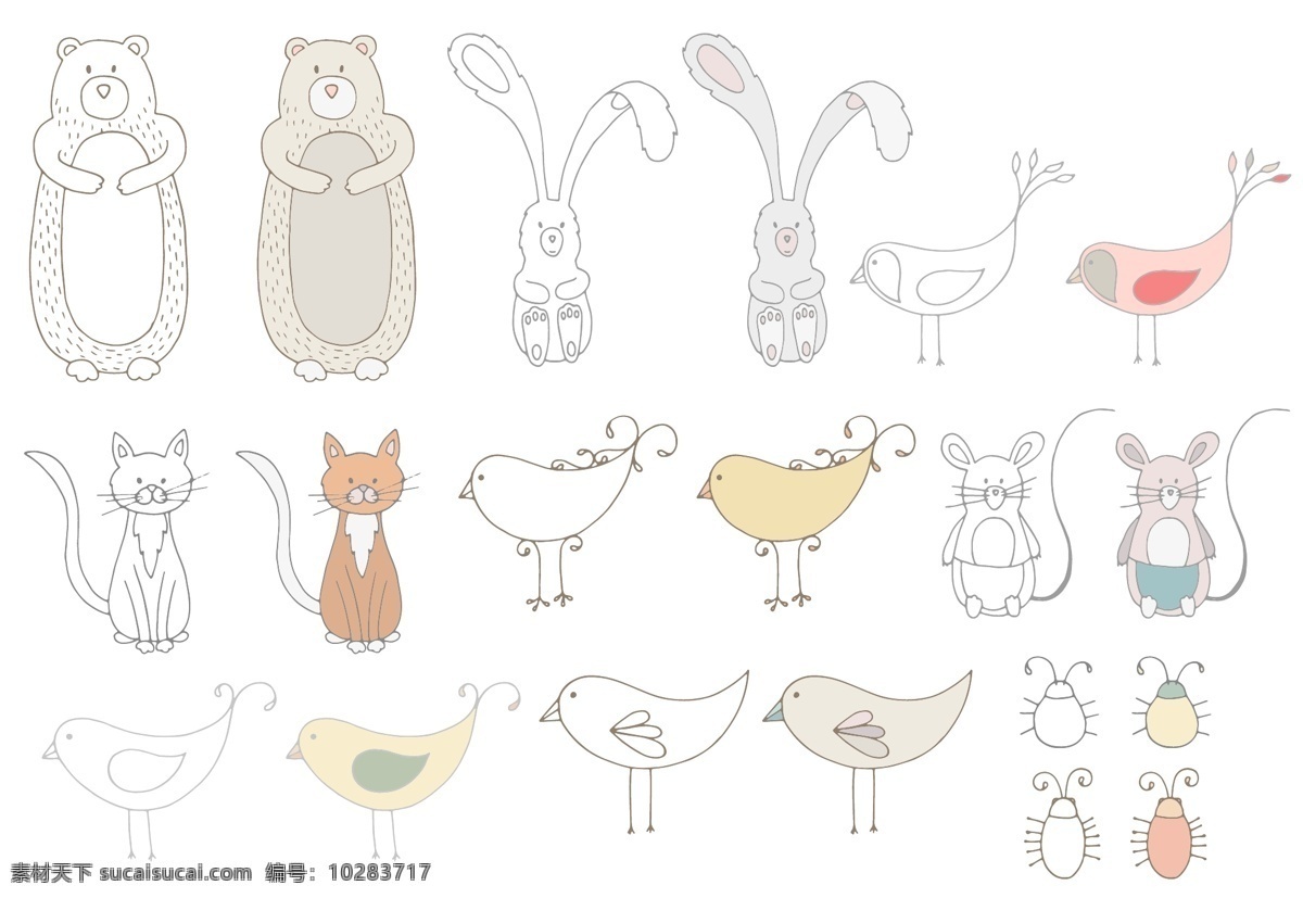 可爱 手绘 动物 图案 矢量 水彩 猫咪 兔子 小鸟 波浪 圆点 植物 卡通 树叶 装饰矢量 背景