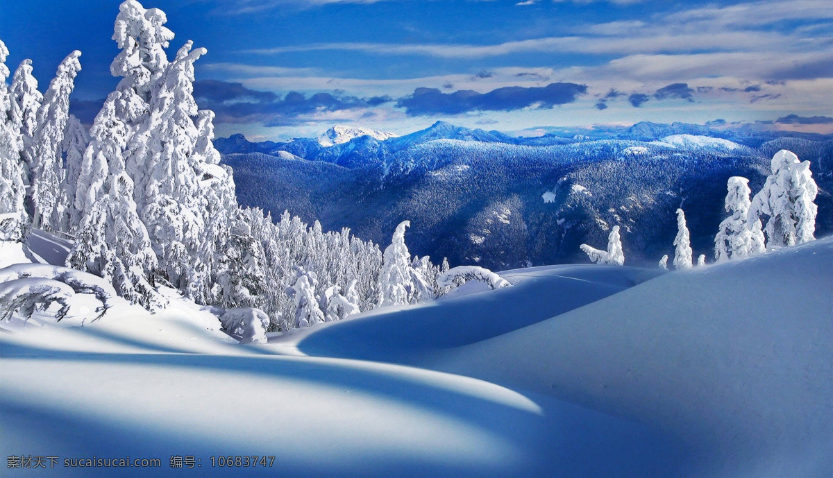山峰 山脉 山丘 山群 山上的雪 树丛 树上的雪 积雪 倒影 蓝天 白云 蓝天白云 云霞 云海 群山 远处的山 近处的雪 雪山 雾凇 雪松 雪树 雪 大雪 白雪 自然景观 自然风景