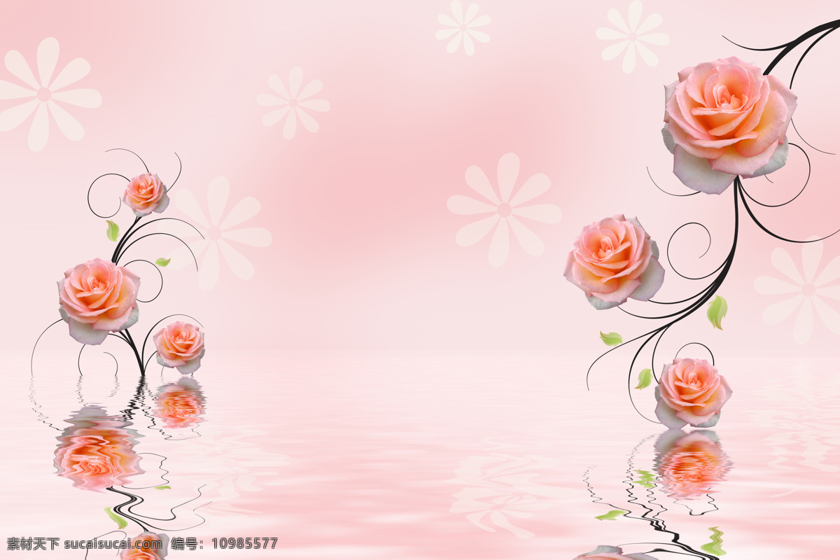 玫瑰花 倒影 背景 甜美 蔷薇花 水面 自然 清新 背景图 花卉 花朵 美丽 背景墙 装饰画 免费素材