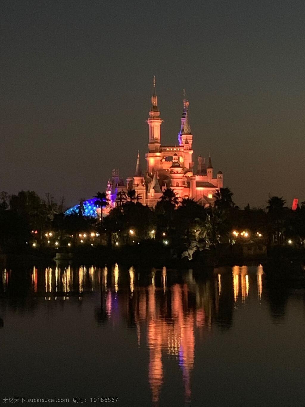 迪士尼 城堡 夜景 童话 倒影 水波 湖 儿童 自然景观 建筑景观