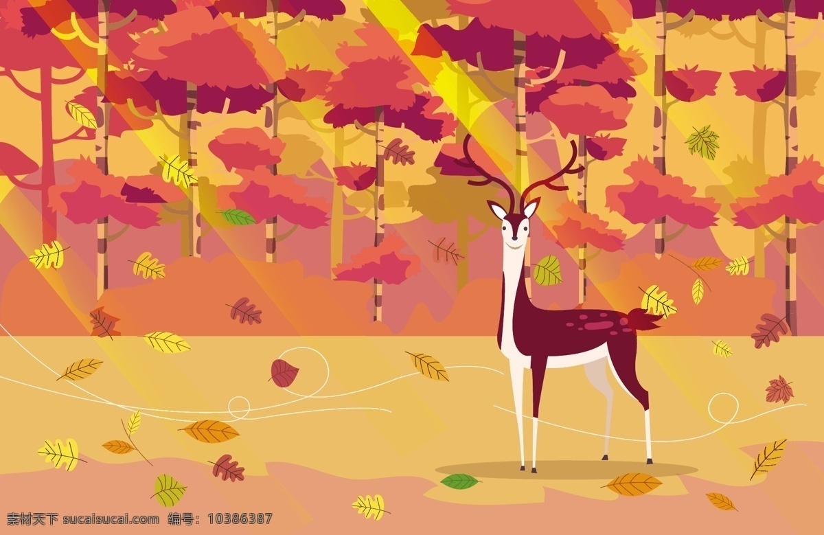 秋天 黄色 树叶 森林 矢量 叶子 风景 矢量素材 秋季 黄色背景 梅花鹿 动物
