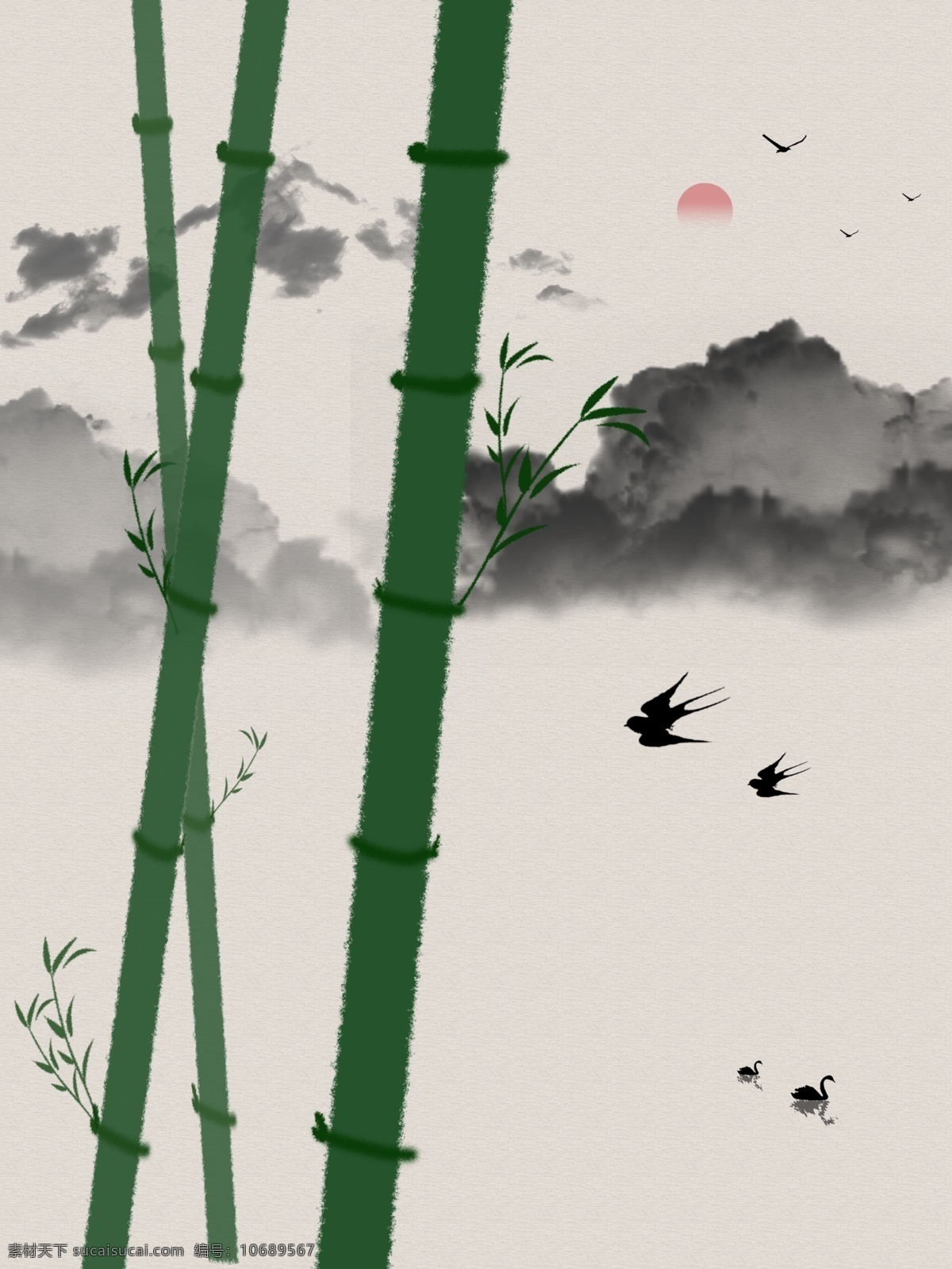 新 中式 翠竹 燕子 抽象 水墨 山水画 竹子 鸭子 远山 装饰 浮云 山川 落日 装饰艺术