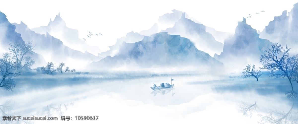 中国 风 手绘 水墨 风景 山水画 中国风 水墨画 山水 插画 水墨风景 中国风山水 山河 船只