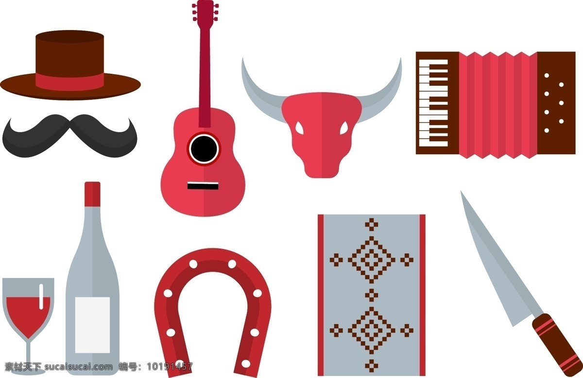 阿根廷 牛仔 矢量 图标 牛仔图标 手绘牛仔 矢量图标 风琴 刀子 马蹄 红酒 吉他 胡子 牛头