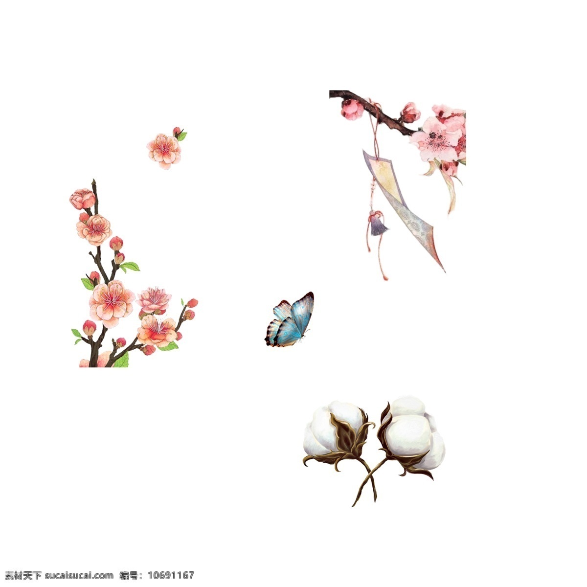 梅花 棉花 桃花 蝴蝶 棉花作物 农产品 农作物 棉花叶 白棉花 被子 被子原材料 衣物材料 衣物原料 床上用品原料 被子原料