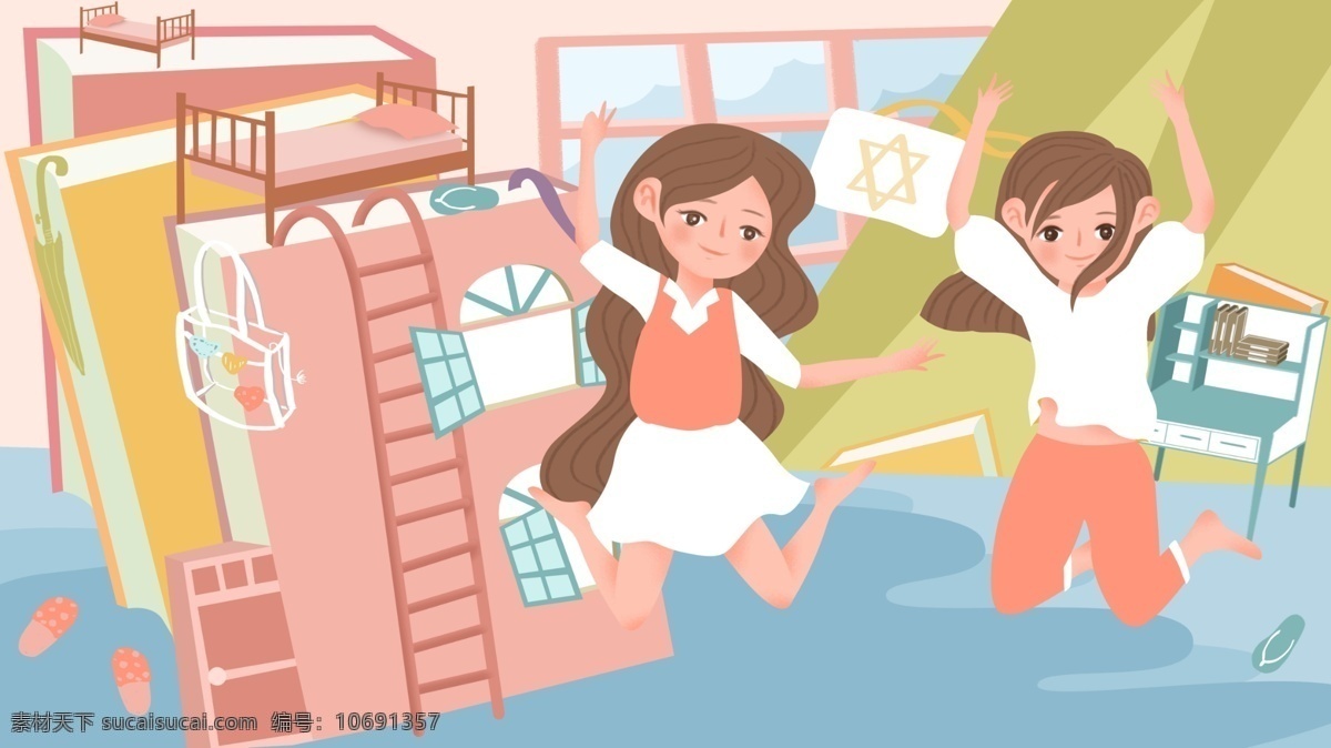 原创 手绘 插画 校园生活 女孩 宿舍 校园 生活 学校 学生 寝室 书 手绘插画