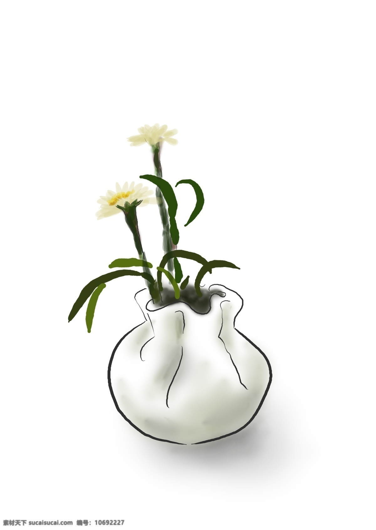 中国 水墨 手绘 花卉 古风 传统 种植 植物 彩绘 绿色 盆景 淡雅 雅致 茶道 花瓶 盆栽 国画 小野菊