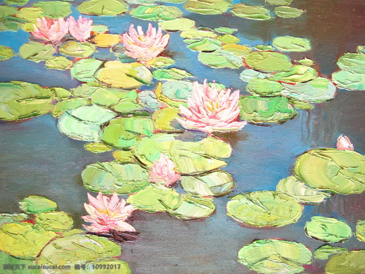 睡莲 湖水 绘画书法 莲花 清新 设计图库 文化艺术 油画 布面 菏叶 写生 装饰 家居装饰素材