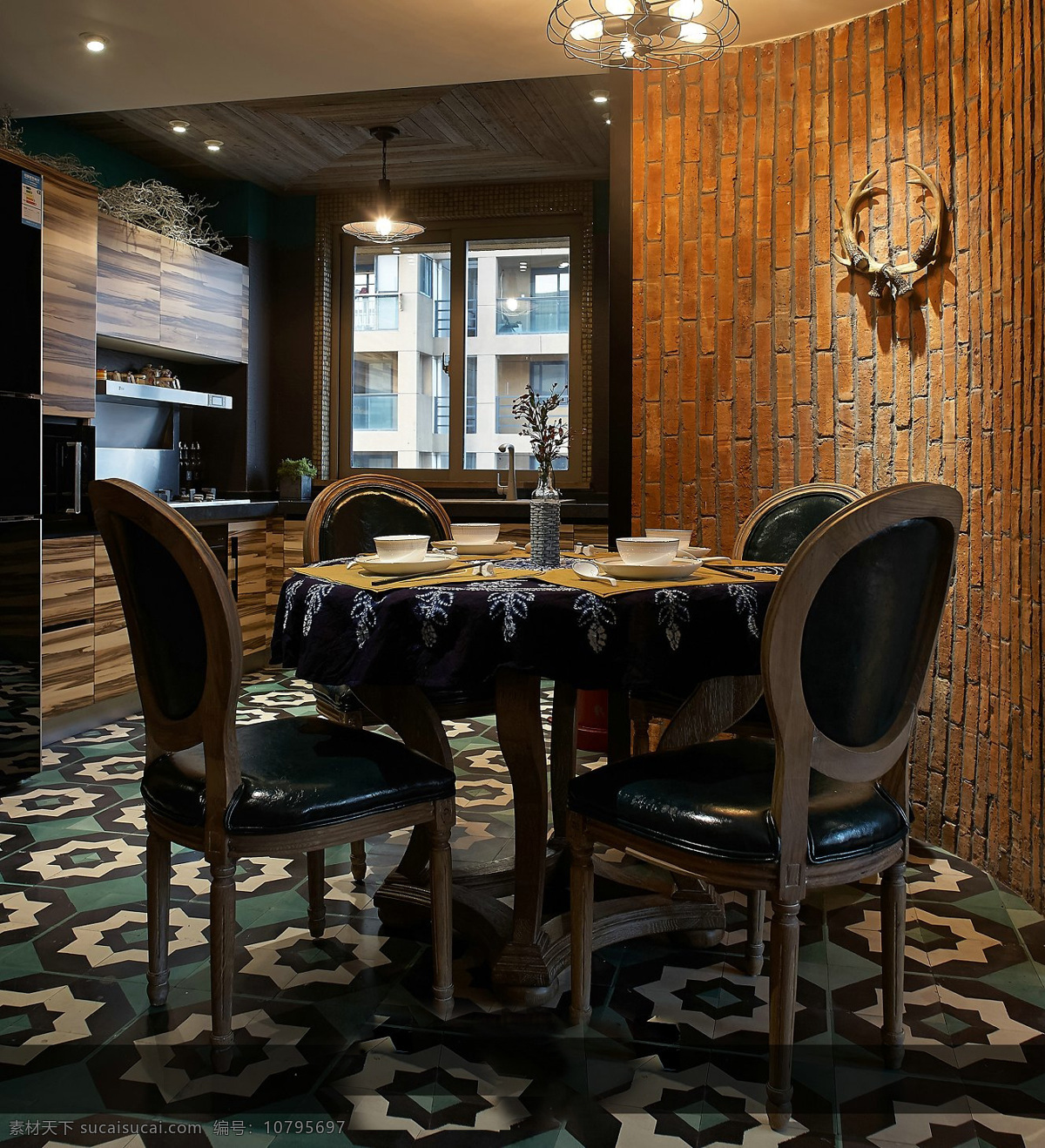 简约 风 室内设计 餐厅 六角 星 地砖 效果图 现代 餐桌 深色调 家装