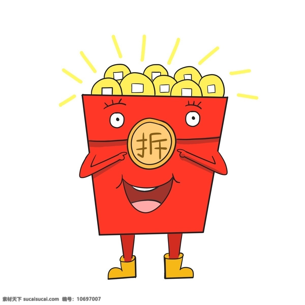 手绘 新春 红包 插画 红色的红包 金色的钱币 拆开的红包 卡通插画 拟人的红包 手绘红包插画