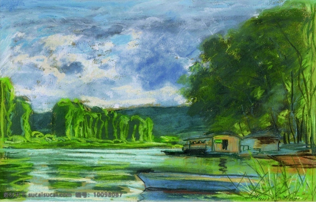青山绿水 油画 风景 装饰画 大树 植物 湖面 风景素材 柳树 船 大山 树木