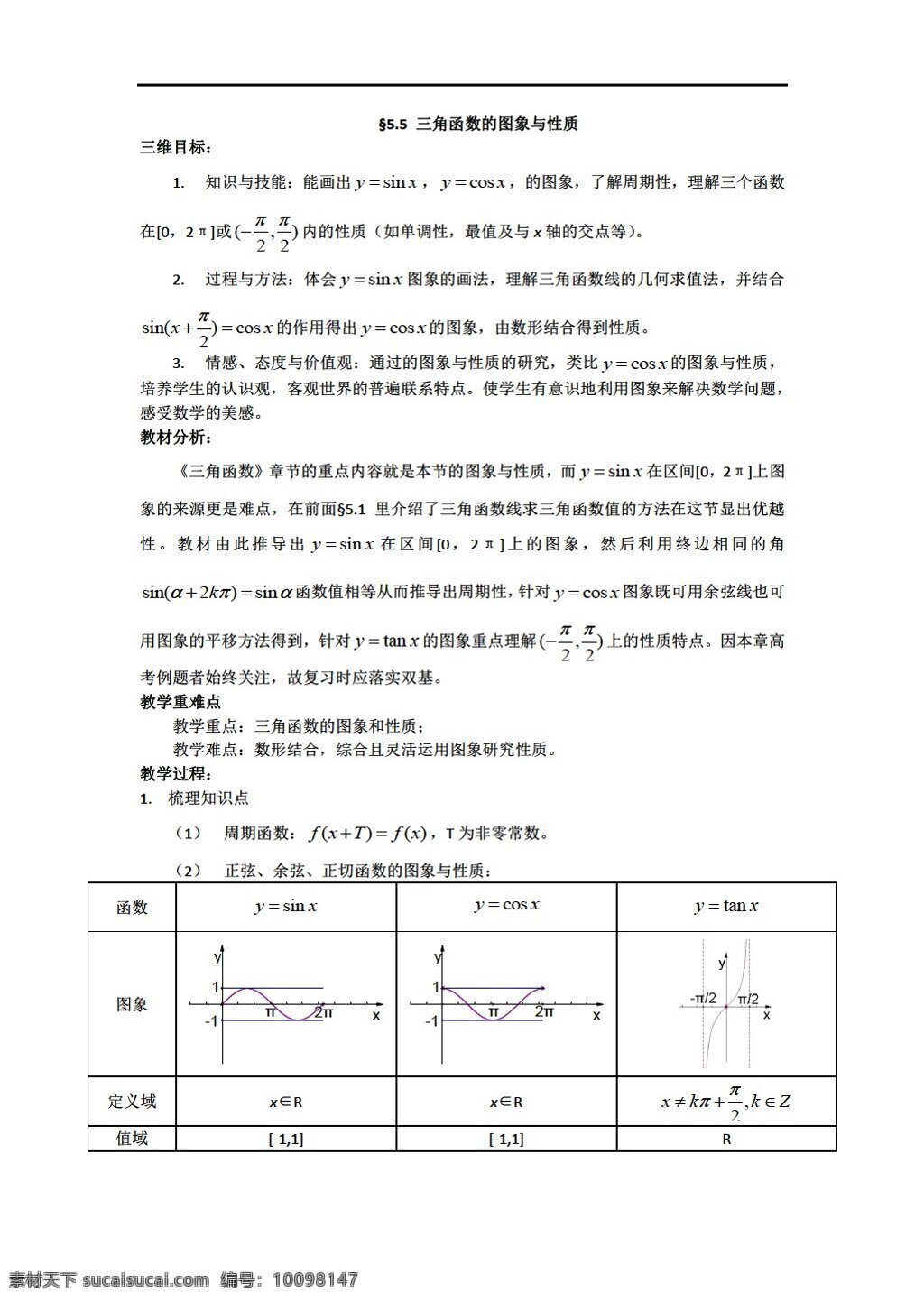 数学 人教 新 课 标 a 版 必修 三角函数 图象 性质 必修4 教案