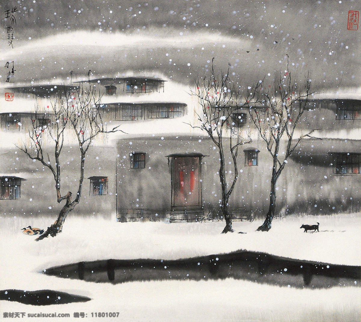 雪景 杨明义 国画 江南 江南水乡 瑞雪 民居 水墨画 中国画 绘画书法 文化艺术