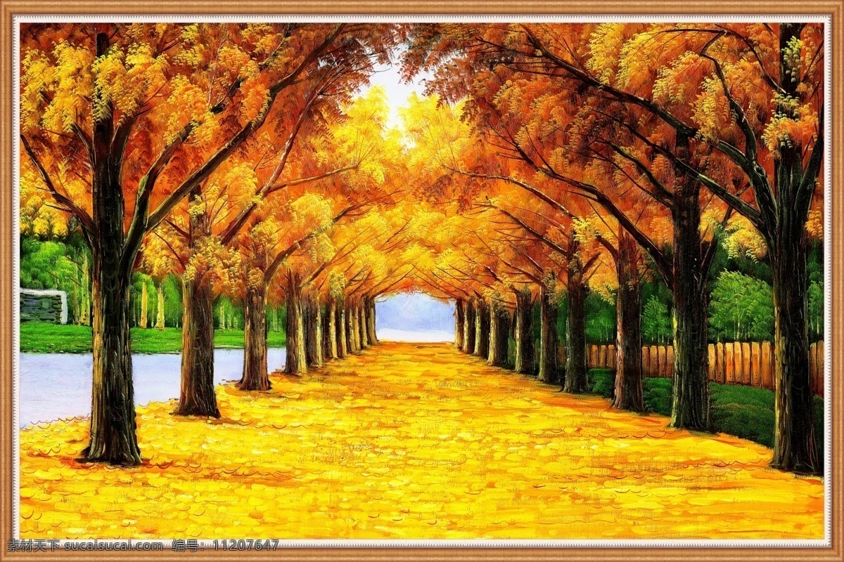 秋日 黄金 满地 挂画 秋日风光 枫树 落叶 背景墙 贴图 壁纸 墙纸