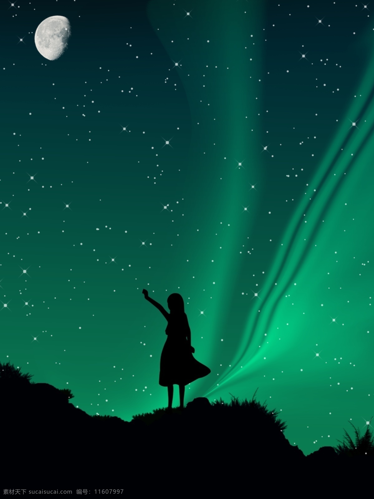 全 原创 星空 极光 人影 背景 星空背景 唯美 浪漫背景 星星 绿色 手绘 夜空 背影