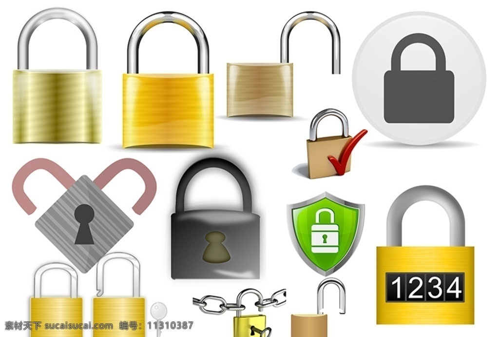 锁图标 锁 矢量 3d 不锈钢锁 图标 密码锁 盾牌 铁链 锁链 开锁 锁匙 分层