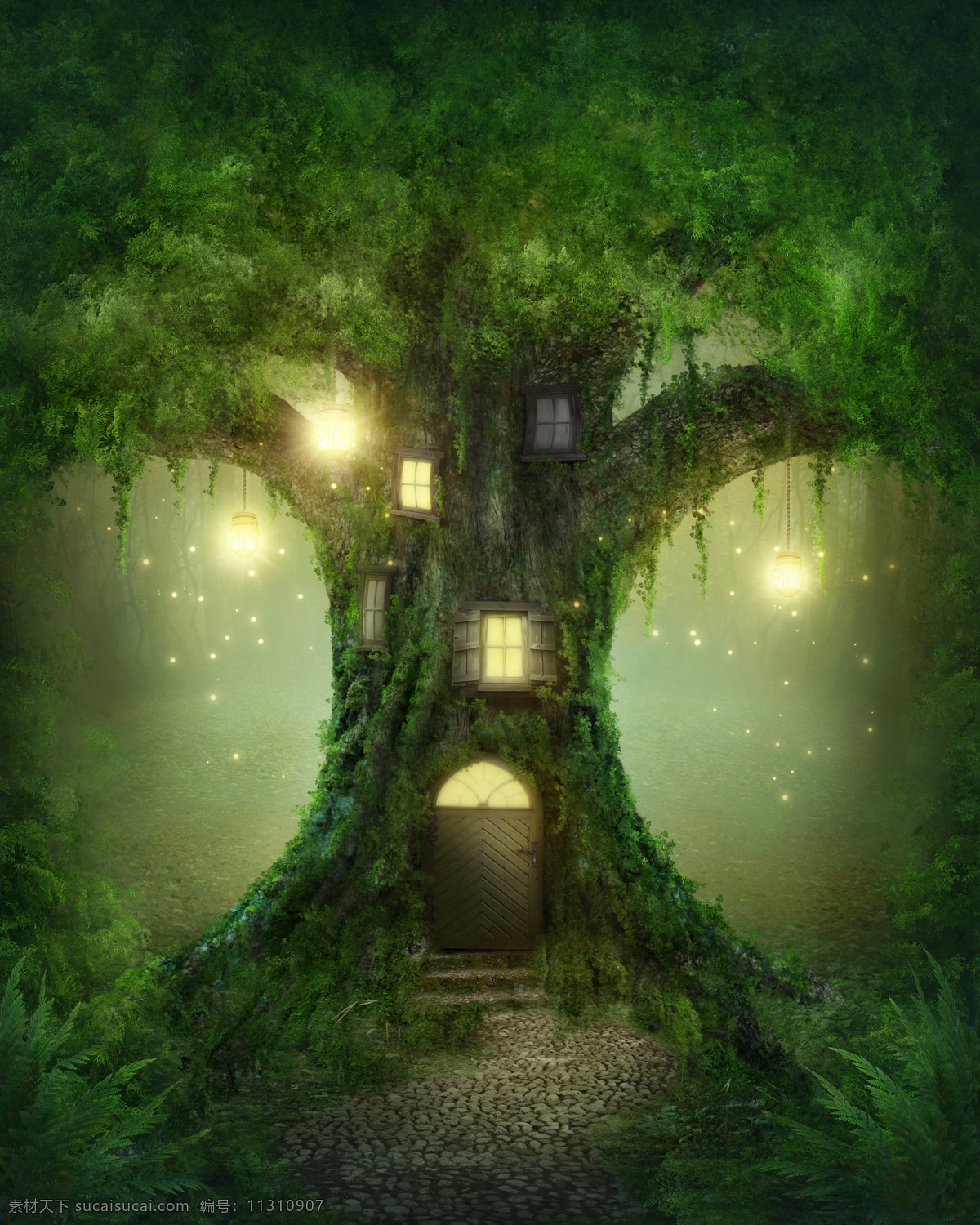 树上的房屋 树木 窗户 古老森林 神秘树林 路上的灯 星光 光点 其他类别 环境家居 黑色