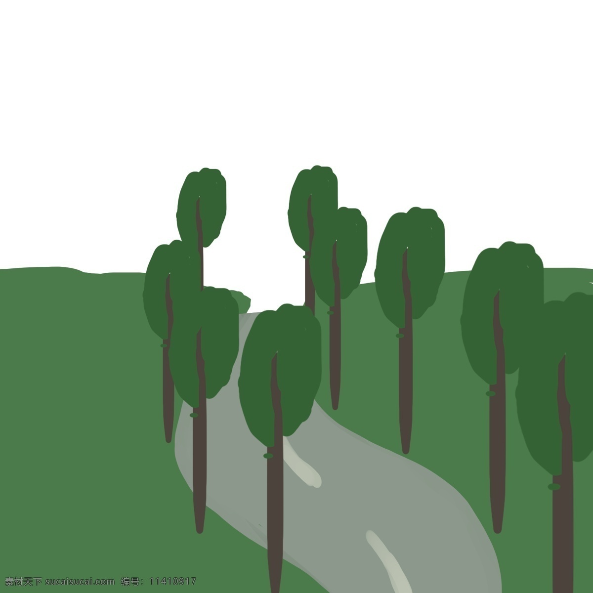 手绘 卡通 草地 公路 树木 植物 绿色 天然 大自然