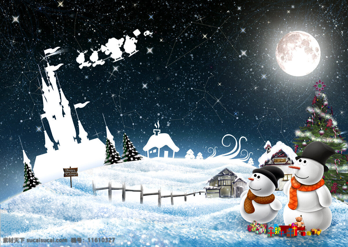 圣诞节 新年 喜庆 雪人 城堡 夜景 月亮 麋鹿 马车 雪橇 圣诞老人 平安夜 卡通 动漫 雪地 雪花 梦幻 唯美 节日 背景 节日庆祝素材 节日庆祝 文化艺术