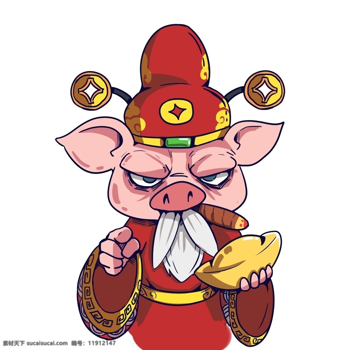 卡通 抽 雪茄 小 猪 财神 红色 喜庆 中国风 春节 插画 新春 新年 猪年 小猪形象 猪年形象 大年初二 小猪 金元宝