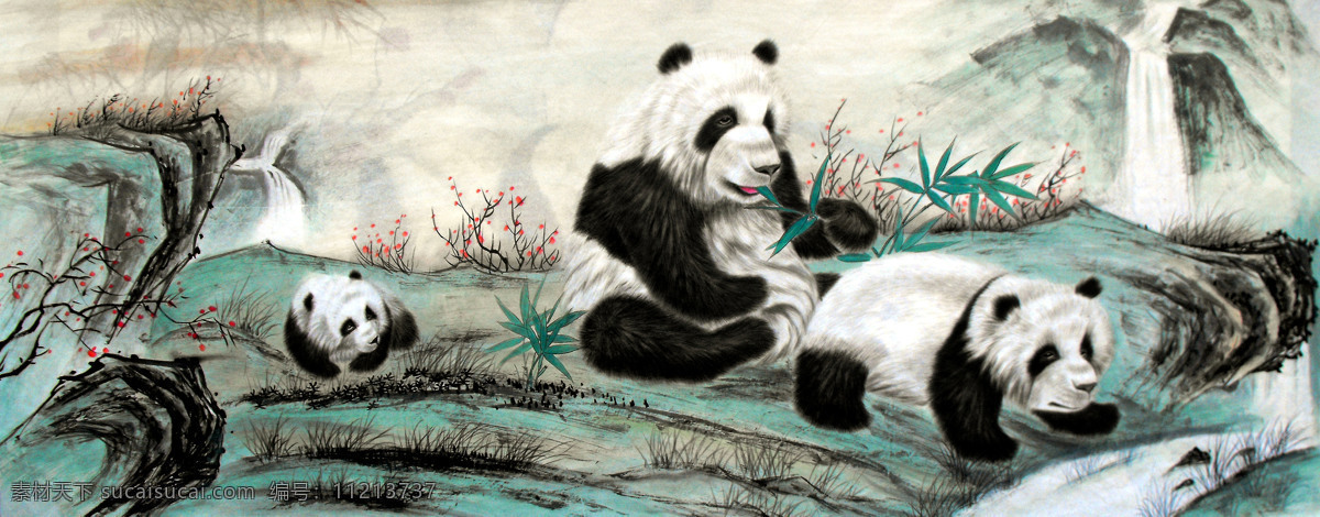 国画艺术 绘画书法 美术 水墨画 文化艺术 溪流 熊猫 国宝 设计素材 模板下载 国宝熊猫 中国画 山野 竹子
