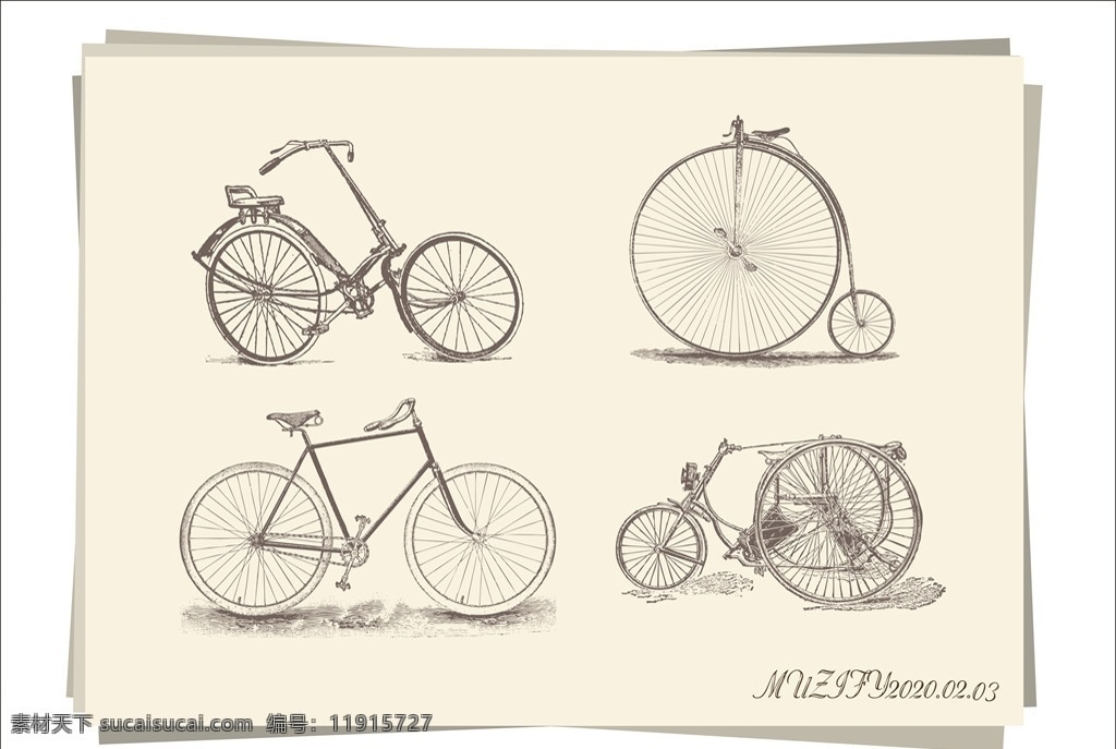 4款入 复古 自行车 手绘 稿 复古单车 英式自行车 复古脚踏车 单杠自行车 三轮自行车 手绘稿 素描画 文化艺术 绘画书法