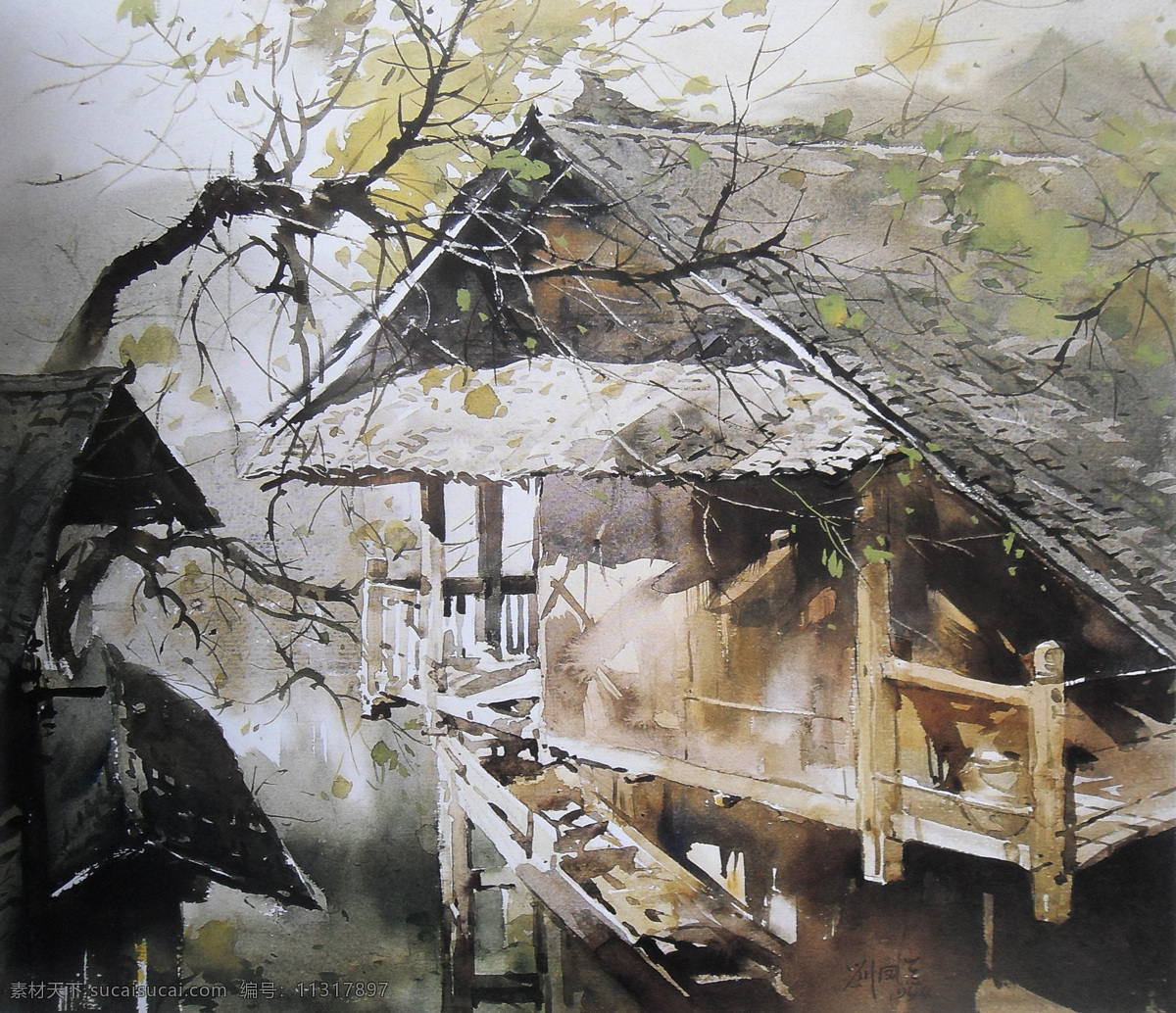 水彩画 水彩 风景 水彩风景画 树 树木 春天 老房子 刘 凤兰 绘画书法 文化艺术