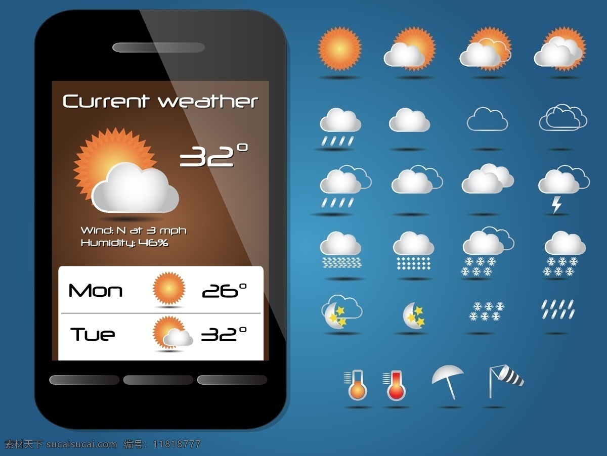 智能手机 氣象app ui 气象app 气象ui 手机ui 手机app ui界面套件 黑色