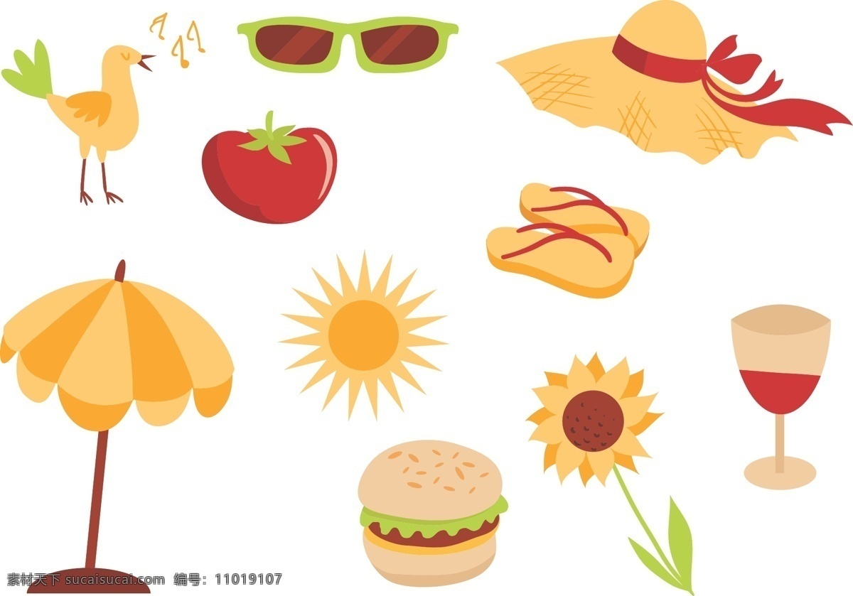 秋季 度假 元素 图标 秋季图标 图标设计 矢量素材 雨伞 汉堡 太阳花 太阳 饮料 帽子 西红柿