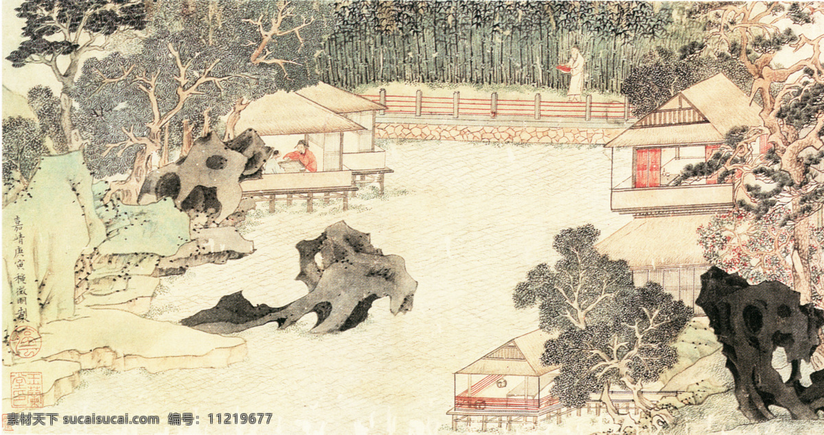 国画 国画艺术 庭院 人物 竹林 竹子 竹叶 五子棋 槐树 中国风 文化画 中国画 水墨画 水墨 绘画书法 文化艺术